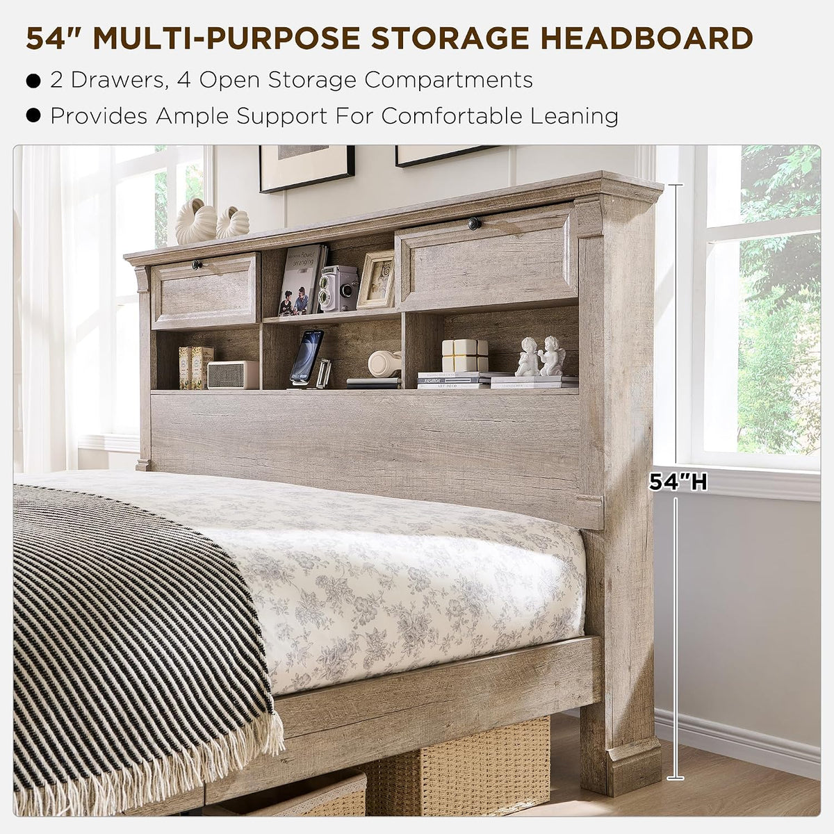 farmhouse wood king size bed frame with 54", side view