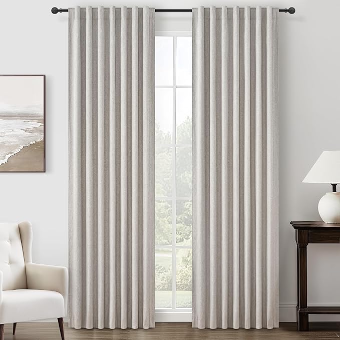 Grey Beige Thick Linen Blackout Curtains 90 Inches Long by QJMYDECO