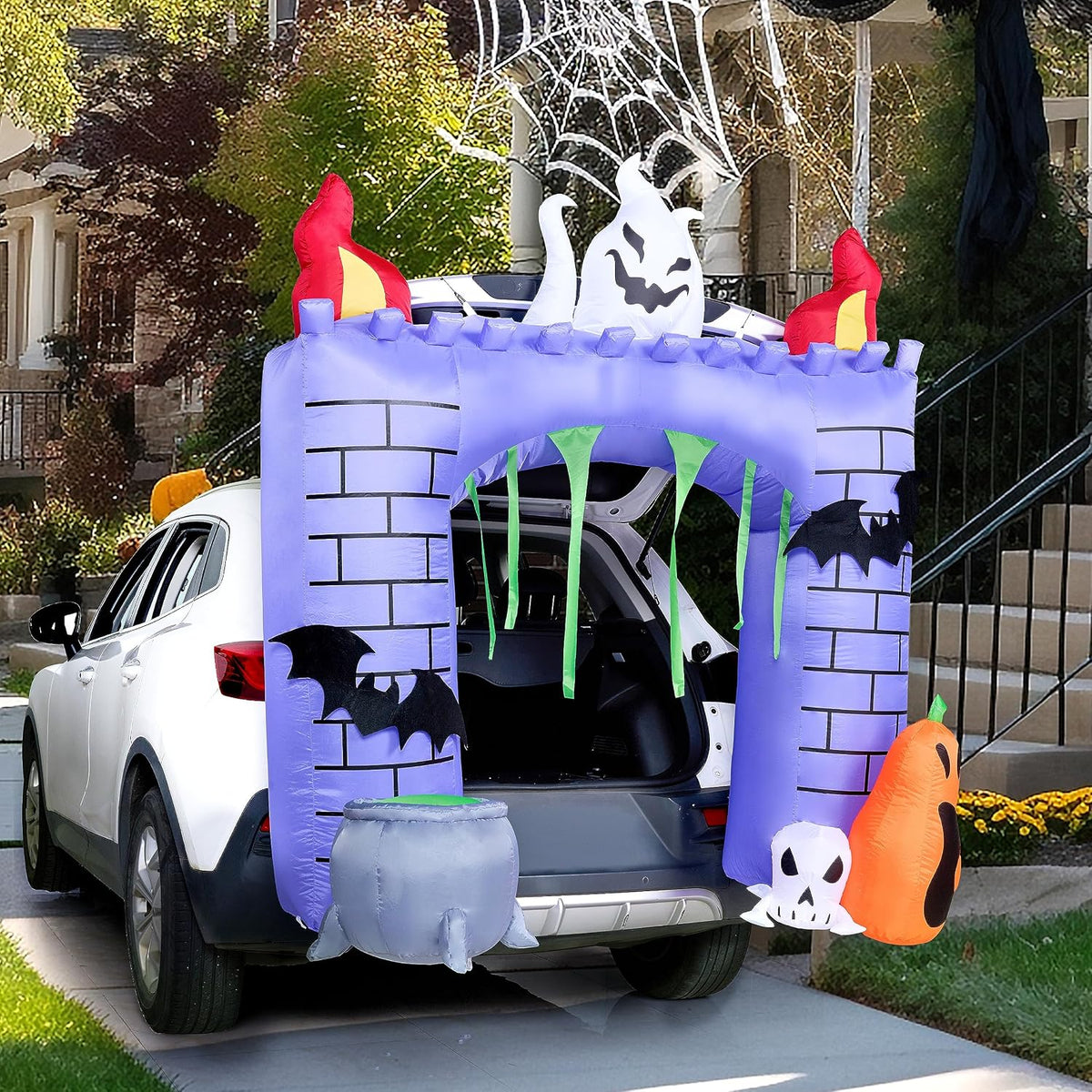 Joiedomi 6 ft Halloween Inflatable Outdoor Decorations, Trunk or Treat Car Decorations, Halloween Blow Ups Haunted Castle with Build-in LEDs, Inflatable Pumpkin and Ghost for Outside Decor
