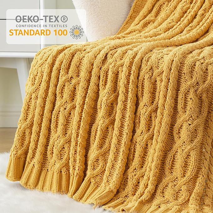 Battilo Mustard Yellow Throw Blanket 51"x67" Chenille Knitted Throw Blanket - Image 5