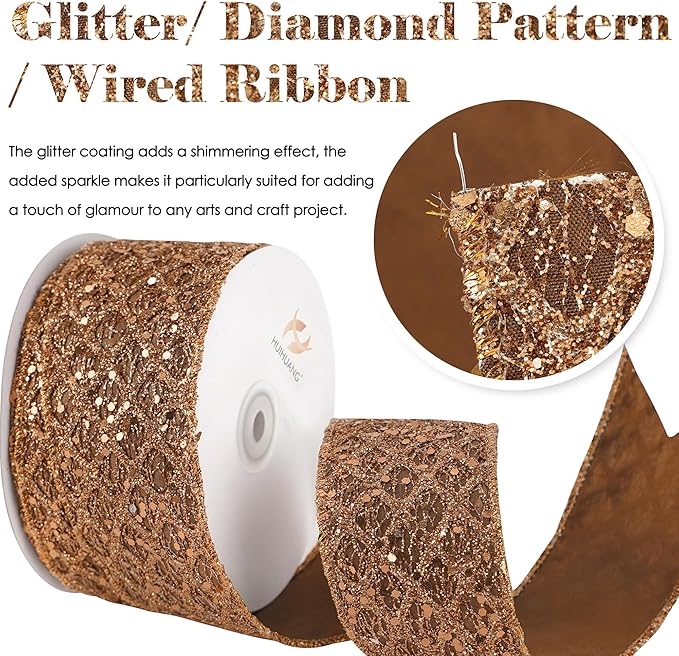 HUIHUANG Glitter Copper Wired Ribbon 2.5 inch Copper Diamond Mesh Wire Edge - Image 2