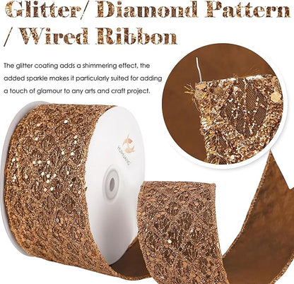 HUIHUANG Glitter Copper Wired Ribbon 2.5 inch Copper Diamond Mesh Wire Edge - Image 2