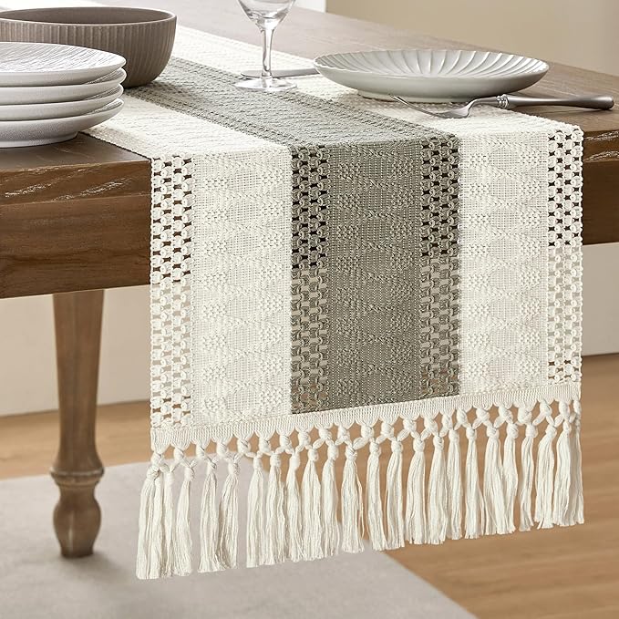 ZeeMart Macrame Style Bicolor Stitching Table Runner, 14 x 48 Inch Dark by ZEEMARTONLINE