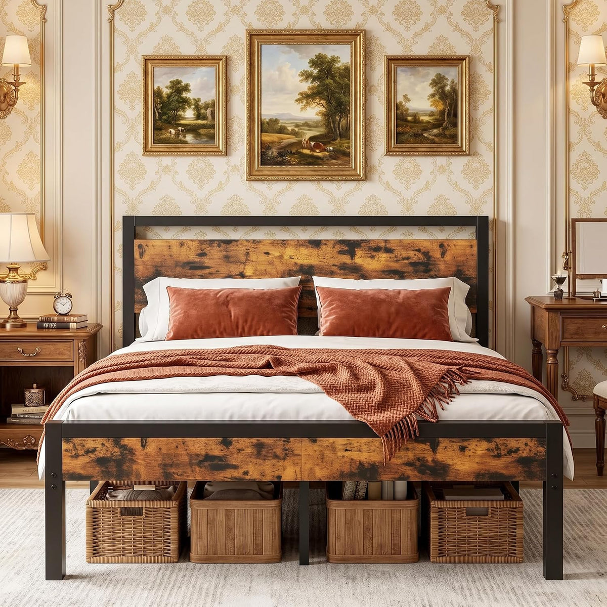 olixis metal queen bed frame with wood headboard, main product view