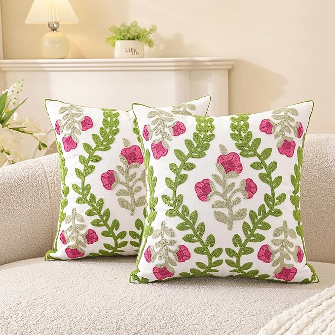 TAOSON Pack of 2, Rose Flowers Green Vines Patterned Embroidered Throw Pillow by TAOSON