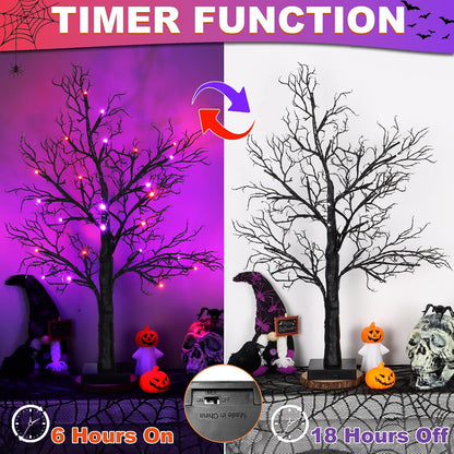 [Timer] 2 Pack Halloween Decorations Indoor, 24 Inch Lighted Black Halloween Tree with 24 Orange & Purple Lights, USB or Battery Powered Spooky Tabletop Tree for Home, Party, Fireplace & Holiday Decor