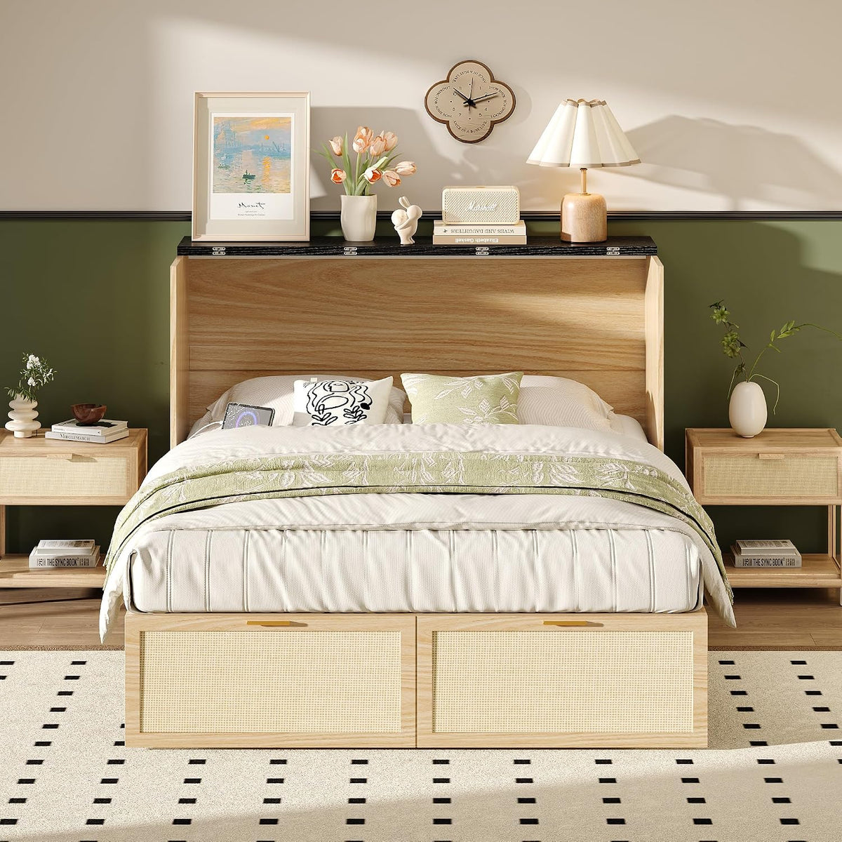 vingli full size rattan murphy bed with storage showing dimensions