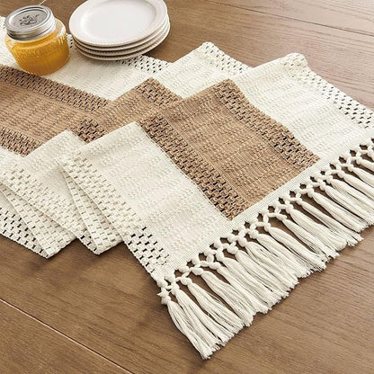 ZeeMart Macrame Style Bicolor Stitching Table Runner, 14 x 36 Inch Brown/Ivory - Image 7