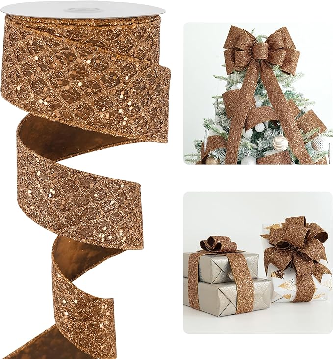 HUIHUANG Glitter Copper Wired Ribbon 2.5 inch Copper Diamond Mesh Wire Edge by HUIHUANG
