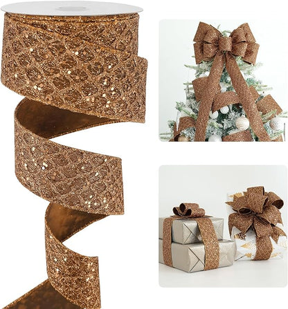 HUIHUANG Glitter Copper Wired Ribbon 2.5 inch Copper Diamond Mesh Wire Edge by HUIHUANG