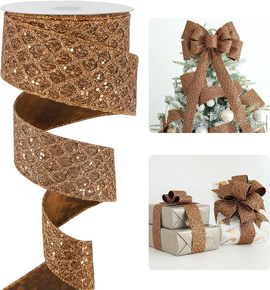 HUIHUANG Glitter Copper Wired Ribbon 2.5 inch Copper Diamond Mesh Wire Edge by HUIHUANG