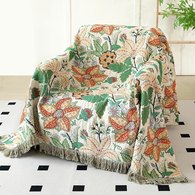 MSGKV Boho Throw Blanket for Couch Chair 100% Cotton Embroidery Floral Blanket - Image 5