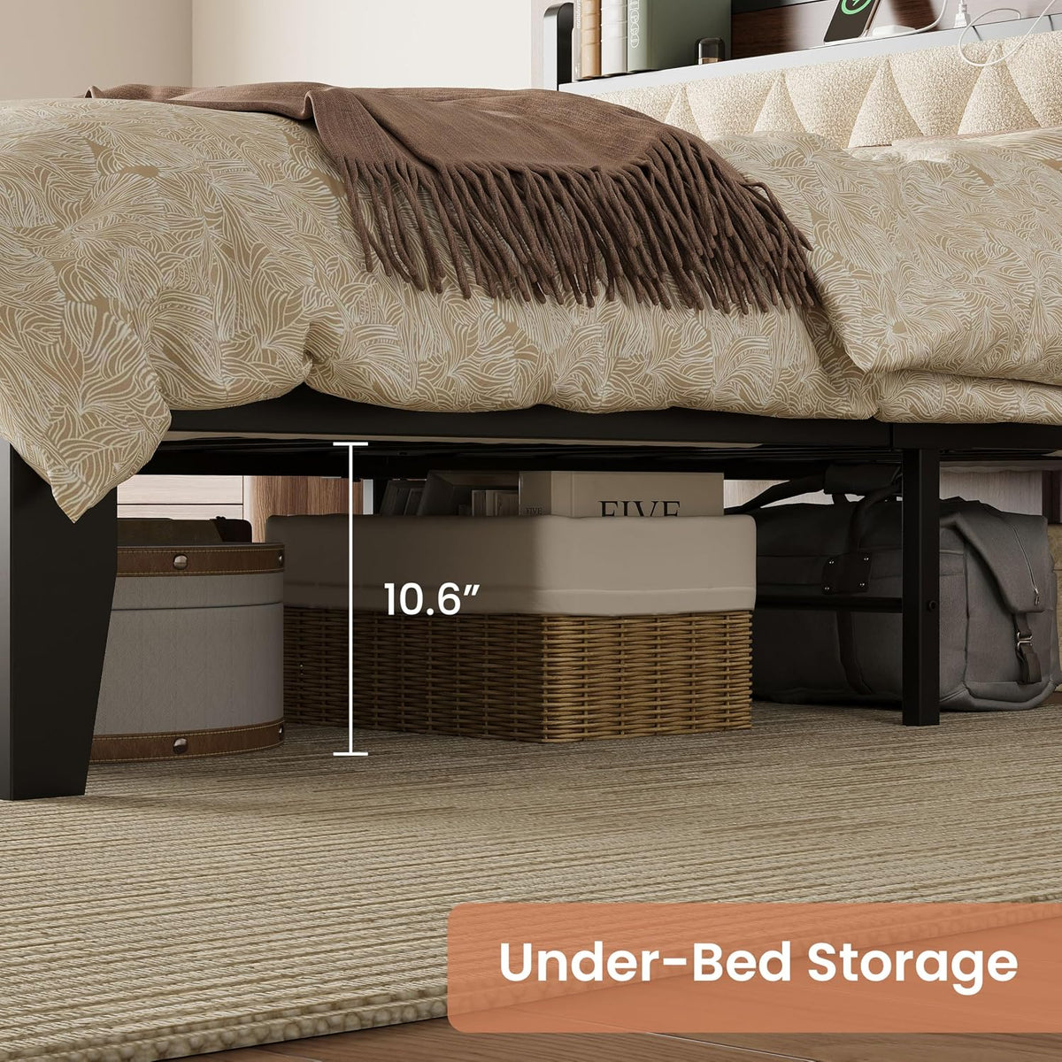 anctor queen bed frame with headboard & charging, side view