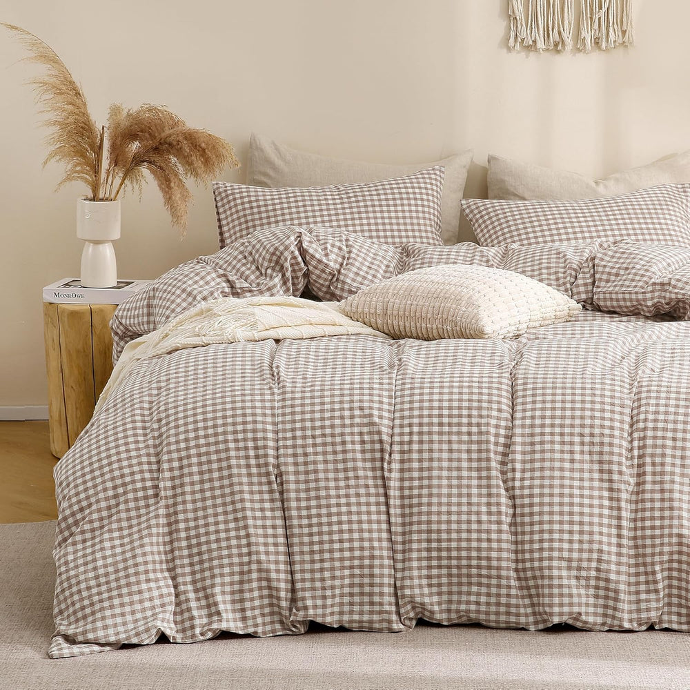 TOCOMOA Tan Gingham Duvet Cover Bedding Set Washed Cotton Like Linen, King