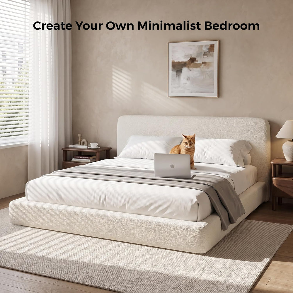 Full Size Cloud Bed Frame, White Upholstered Platform Bed Frame, Bed Base