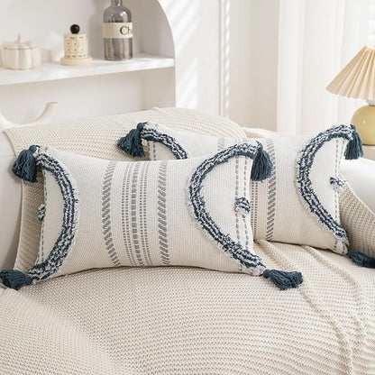 Boho Throw Pillow Covers 12x20 Set of 2 Cotton Woven Tufted Farmhouse Lumbar by PLEPATE