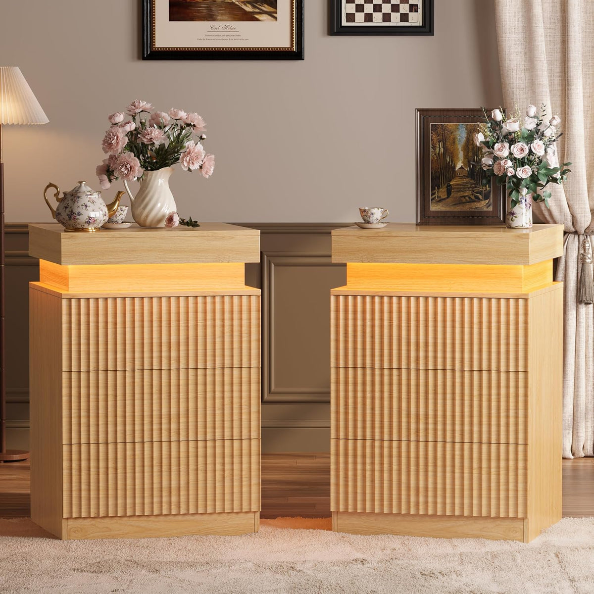 fluted 3 drawer dresser for bedroom with charging, front angle view