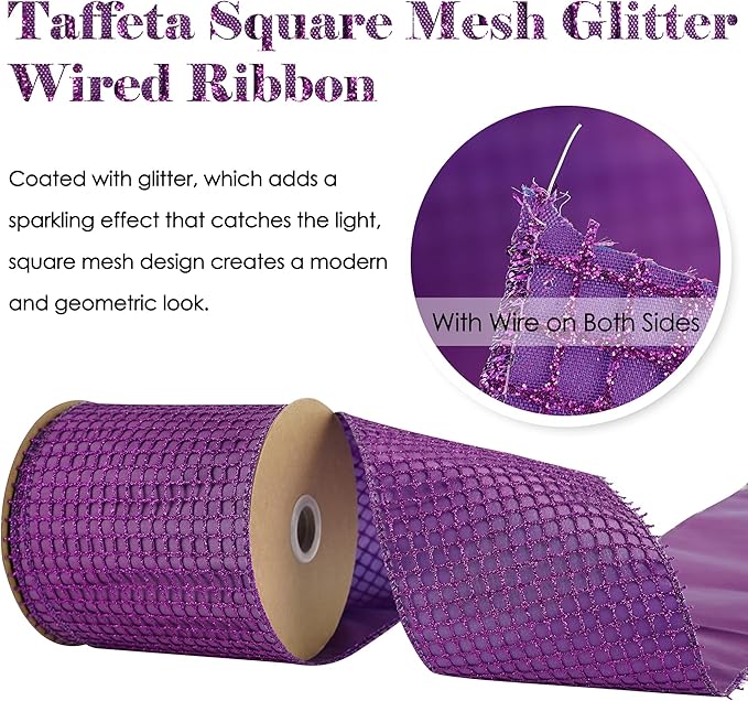 HUIHUANG Purple Christmas Wired Ribbon 4 inch Square Mesh Netting Wired Ribbon - Image 5