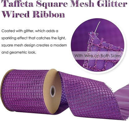 HUIHUANG Purple Christmas Wired Ribbon 4 inch Square Mesh Netting Wired Ribbon - Image 5