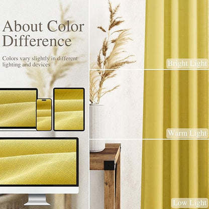 Celery Yellow Textured Linen Blend Drapes 96 Inch Long 2 Panels Set Back Tab - Image 3