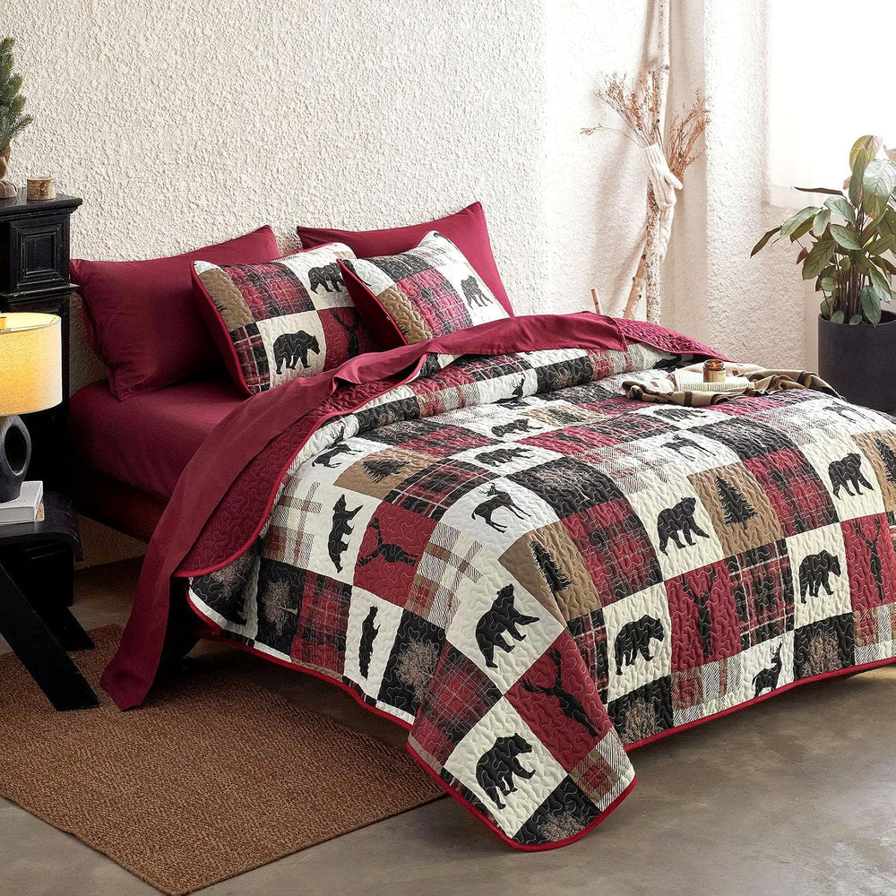 Wake In Cloud - Rustic Quilt Set, Cabin Lodge Christmas Bear Moose Deer Wildl...