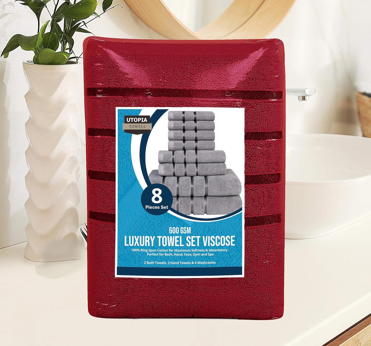 utopia towels 8-piece luxury towel set, 2 bath, front angle view