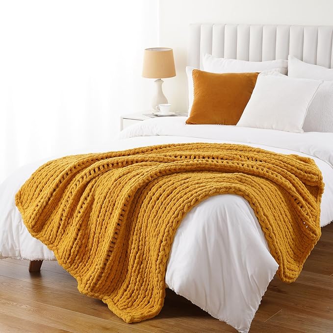 Battilo Mustard Yellow Chunky Knit Throw Blanket, Soft and Thick Chenille Throw - Image 7