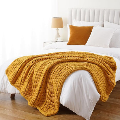 Battilo Mustard Yellow Chunky Knit Throw Blanket, Soft and Thick Chenille Throw - Image 7
