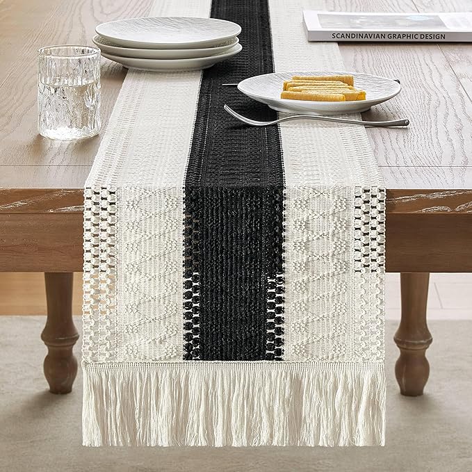 ZeeMart Macrame Style Bicolor Stitching Table Runner, 12 x 108 Inch Black/Ivory - Image 2