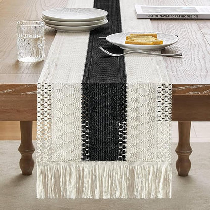 ZeeMart Macrame Style Bicolor Stitching Table Runner, 12 x 108 Inch Black/Ivory - Image 2
