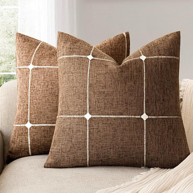 Foindtower Pack of 2 Decorative Faux Linen Jacquard Check Throw Pillow Covers by Foindtower