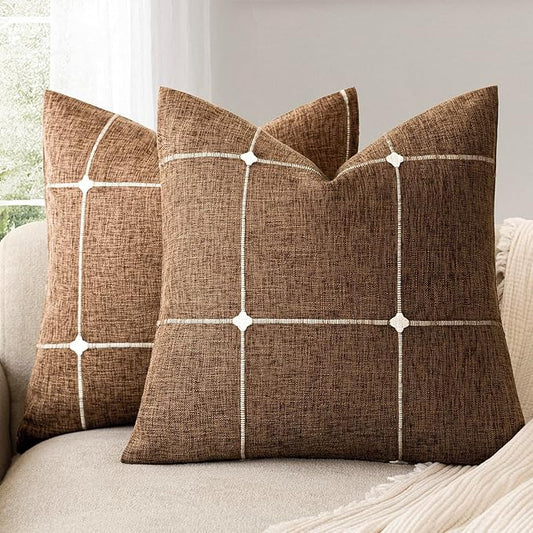 Foindtower Pack of 2 Decorative Faux Linen Jacquard Check Throw Pillow Covers by Foindtower