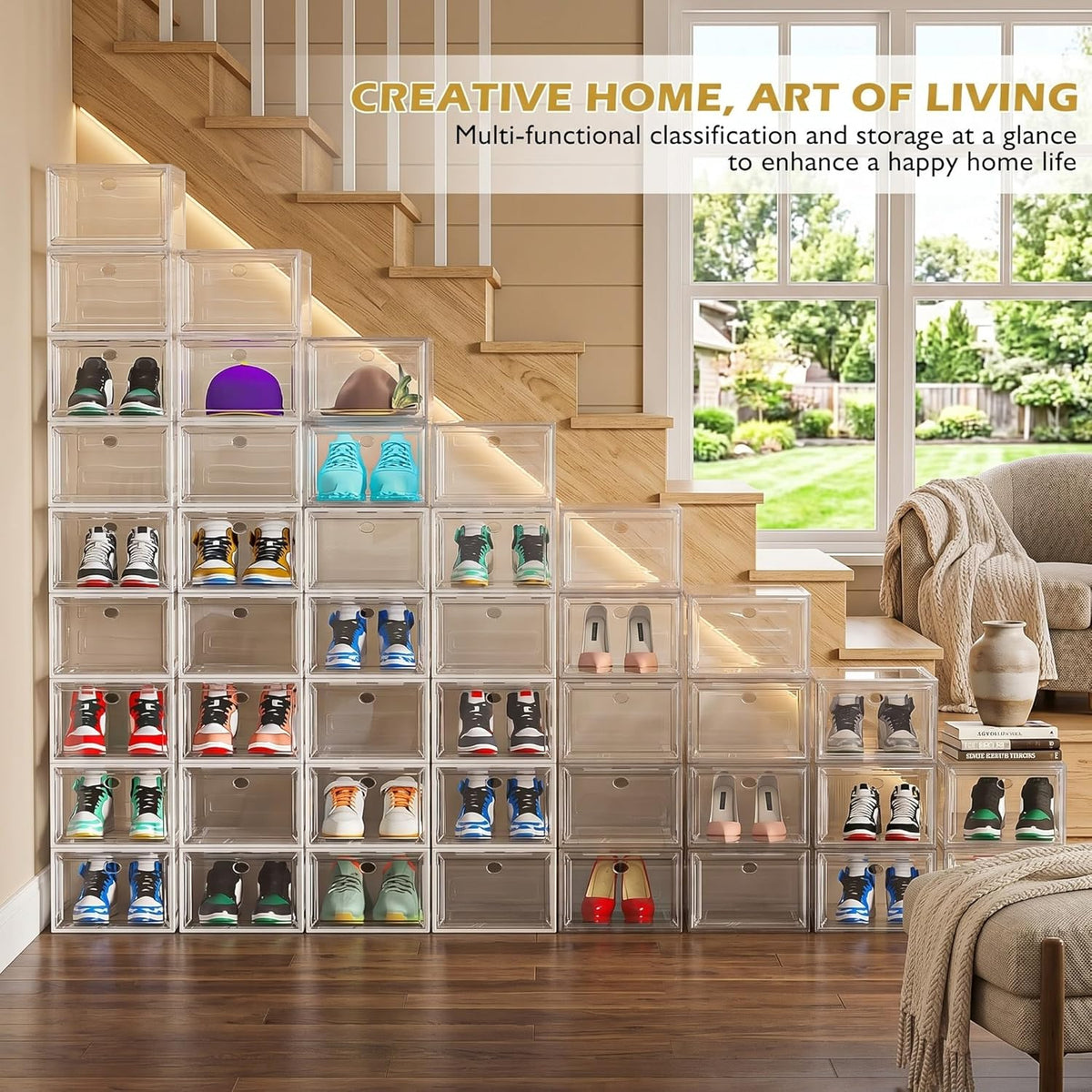 sturdy clear shoe organizer with magnetic door, stackable, close-up detail