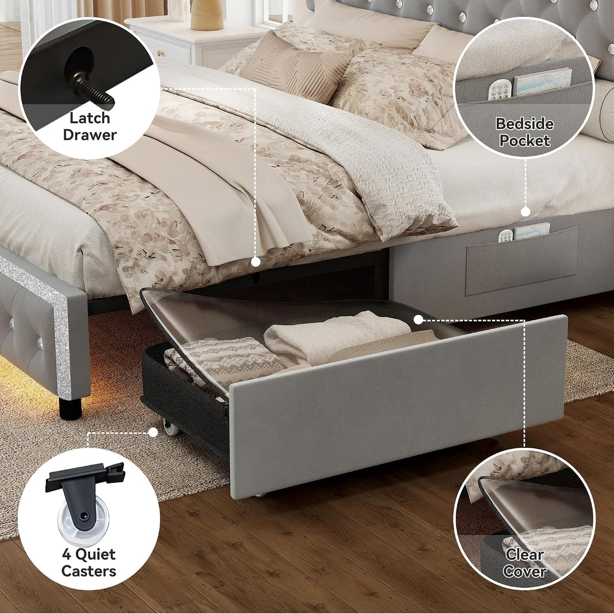 torana queen led bed frame with 2 storage showing dimensions