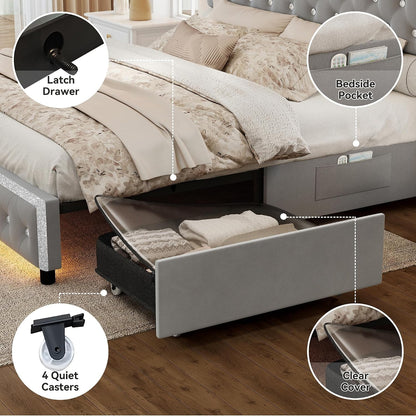 torana queen led bed frame with 2 storage showing dimensions