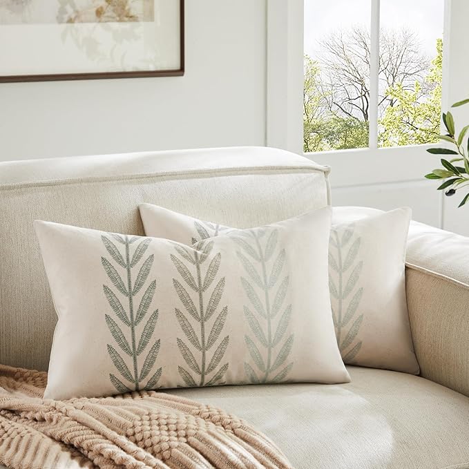 100% Cotton Farmhouse Leaves Lumbar Throw Pillow Covers Set of 2, 12x20 Inch by Unknown