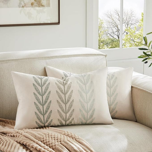 100% Cotton Farmhouse Leaves Lumbar Throw Pillow Covers Set of 2, 12x20 Inch by Unknown