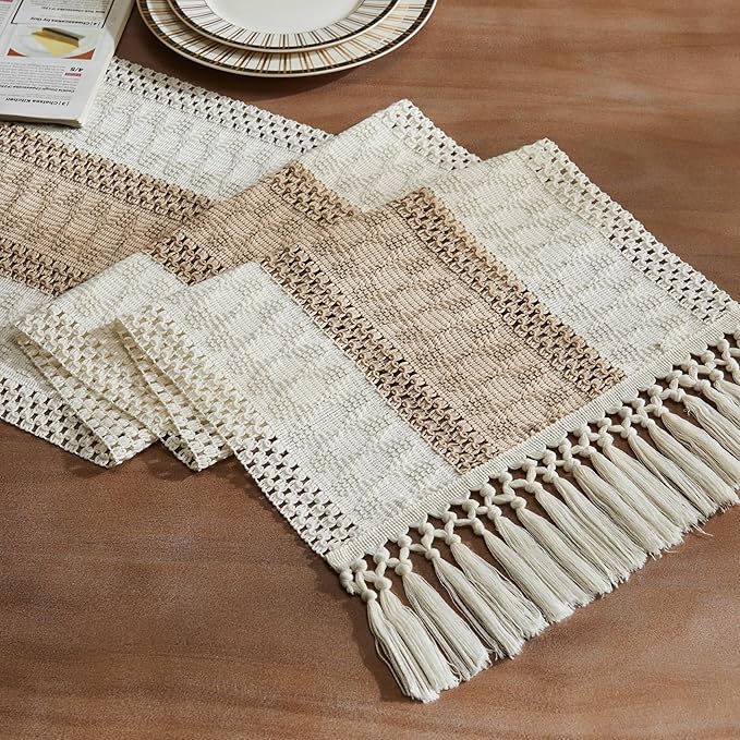 ZeeMart Macrame Style Bicolor Stitching Table Runner, 14 x 48 Inch Taupe/Ivory by ZEEMARTONLINE