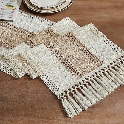 ZeeMart Macrame Style Bicolor Stitching Table Runner, 14 x 108 Inch Taupe/Ivory by ZEEMARTONLINE
