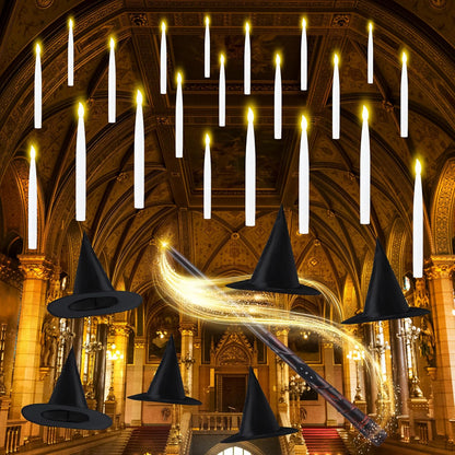 JOYIN 20Pcs Halloween Floating Candles and Witch Hat Light Up with Wand Remote Set Magic Hanging Candles and Wizard Hat with 2 Light Mode and Timer for Halloween Window Ceiling Porch Theme Party Decor