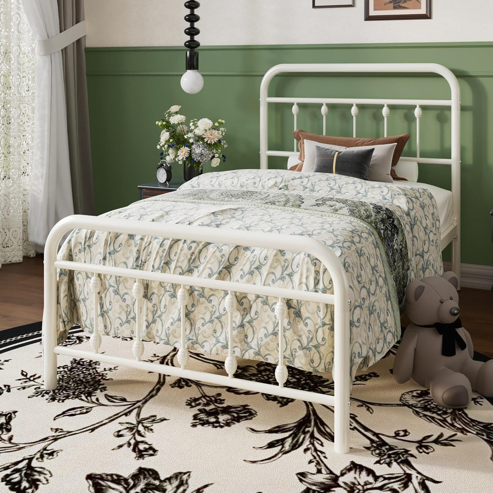 SHA CERLIN Twin Metal Bed Frame with Victorian Iron-Art Headboard, Cream