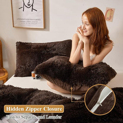 XeGe Faux Fur Brown Pillow Cases, Plush Shaggy Ultra Soft Fluffy Velvet - Image 3
