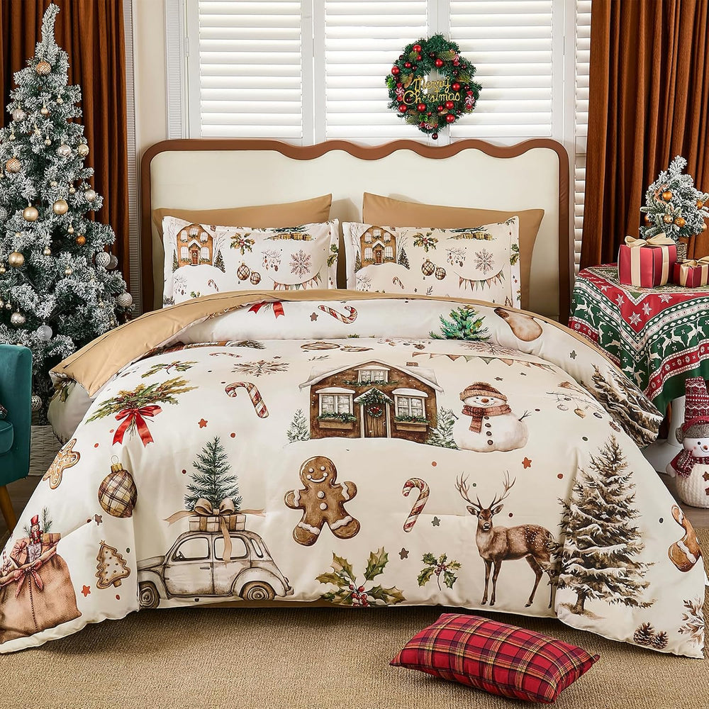 Luxudecor Christmas Comforter Set Queen Size 7 Pieces, Beige Farmhouse Bed in...