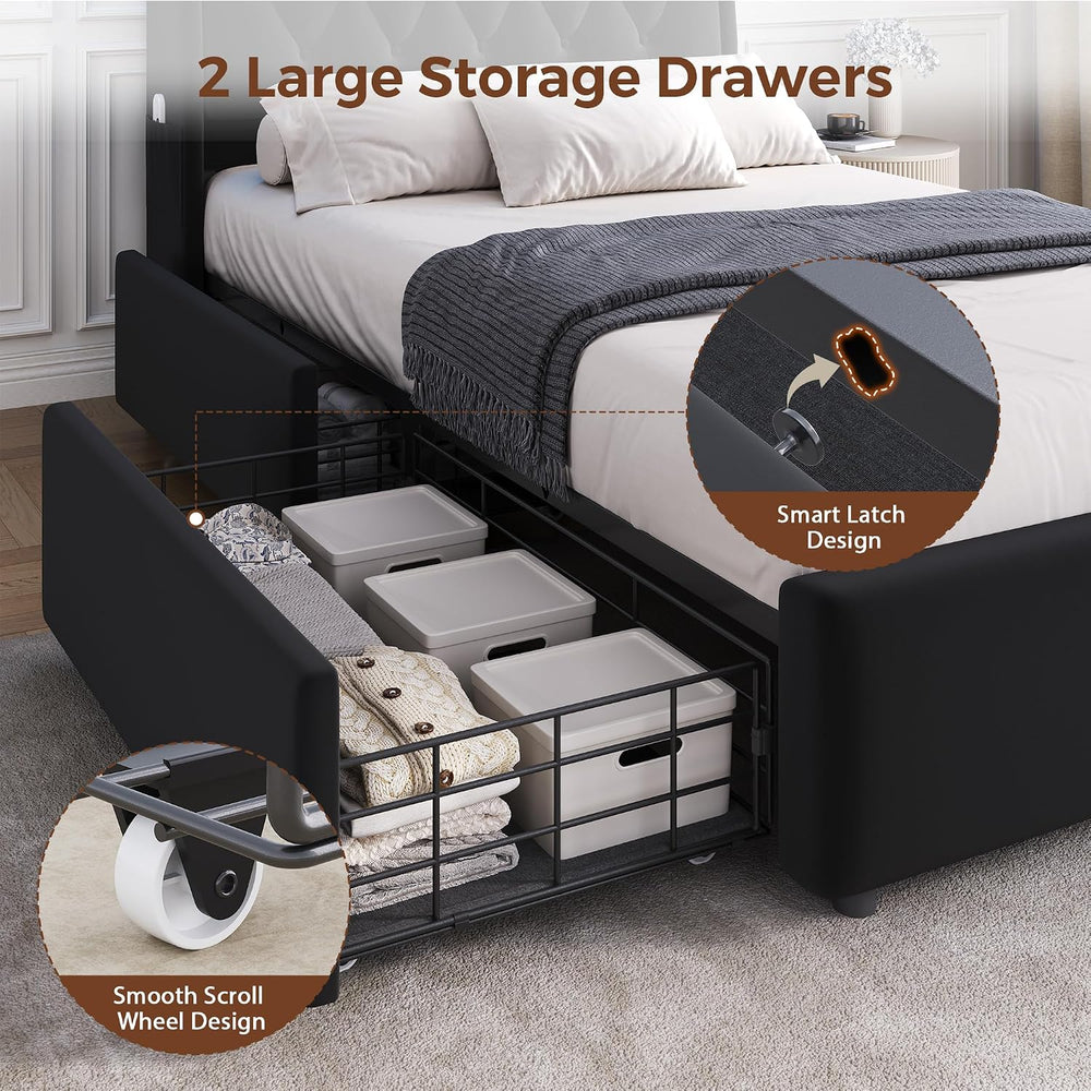 Twin LED Velvet Bed Frame with 2 Storage Drawers&Hidden Headboard, Uphols...