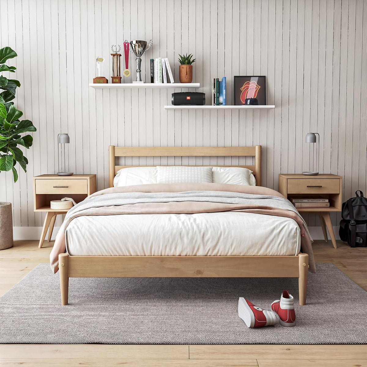 camaflexi mid-century modern platform bed/solid wood/slat headboard/mattress foundation shown in use