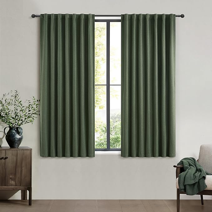 Living Room Green Black Out Curtains 63 Inch Long 2 Panels Set, Thermal by QJMYDECO