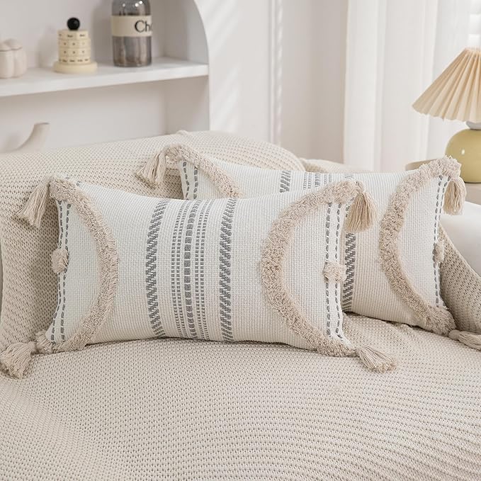 Boho Throw Pillow Covers 12x20 Set of 2 Cotton Woven Tufted Farmhouse Lumbar by PLEPATE