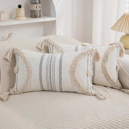 Boho Throw Pillow Covers 12x20 Set of 2 Cotton Woven Tufted Farmhouse Lumbar by PLEPATE
