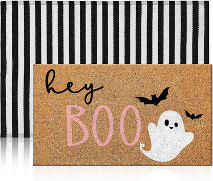 Duraaamo 2 Pcs Halloween Door Mat Outdoor, Ghost Pink Boo Style, Non Slip