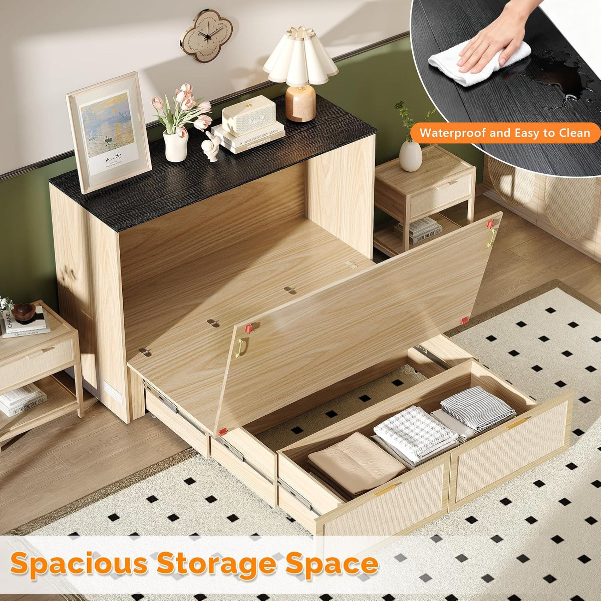 vingli full size rattan murphy bed with storage on a desk or shelf